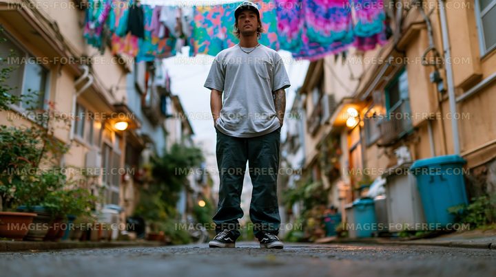 Young man in streetwear standing beneath colorful fabric