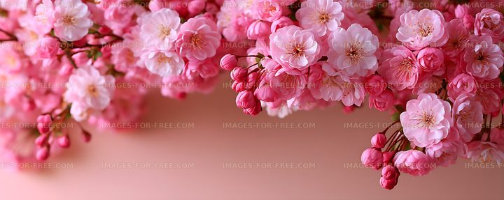 Pink blossoms and buds on branches with copy space