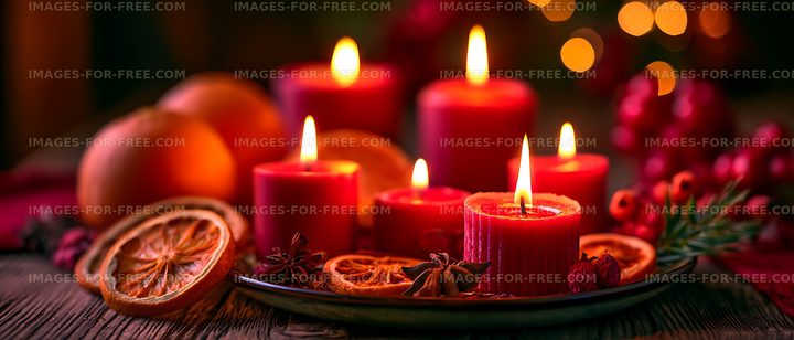 Glowing red candles with dried oranges and berries