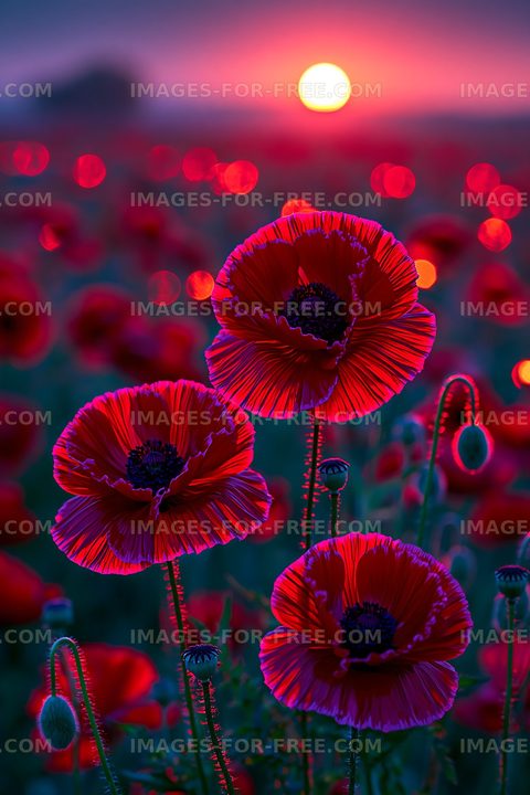 Poppy flowers at sunset with vibrant sky and soft focus background