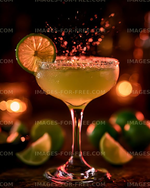 Dramatic lime cocktail with salt rim and warm bokeh
