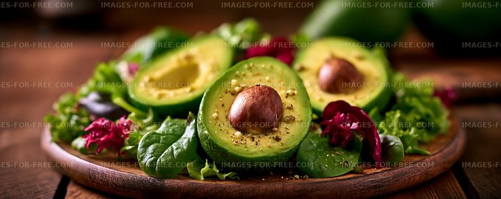 Fresh avocado salad on a rustic wooden plate