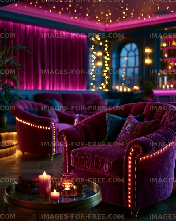 Colorful velvet lounge interior with candlelit coffee table