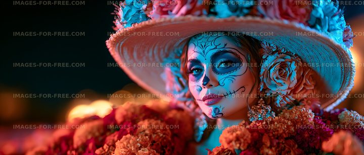 Colorful close-up portrait with floral hat and painted face
