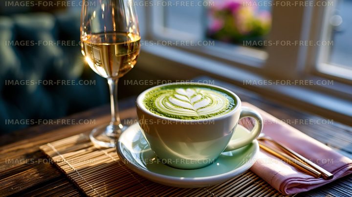 Matcha latte with foam art beside wine glass