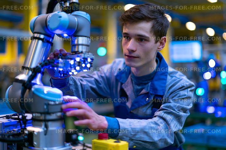 Technician working with a robotic arm in an illuminated workspace