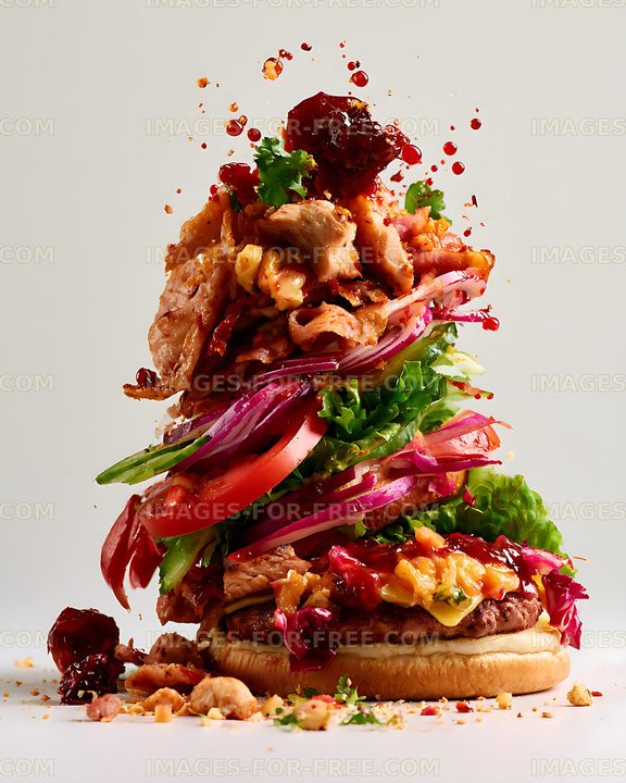 Colorful loaded hamburger with fresh vegetables and sauce