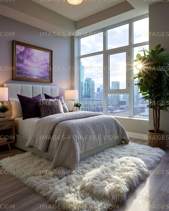 Modern bedroom with city view and natural light