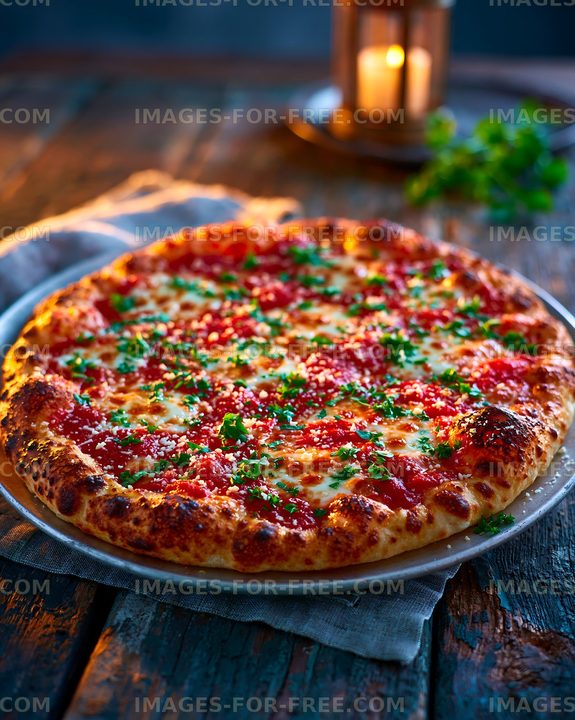 Cheesy tomato pizza served on a rustic table