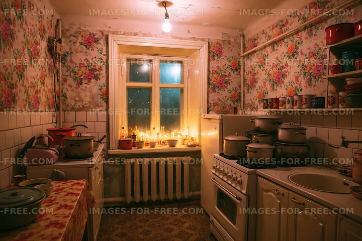 Cozy old-fashioned kitchen with floral walls and glowing candles