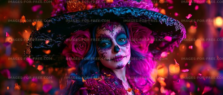 Vibrant sugar skull portrait with floral hat and rose petals