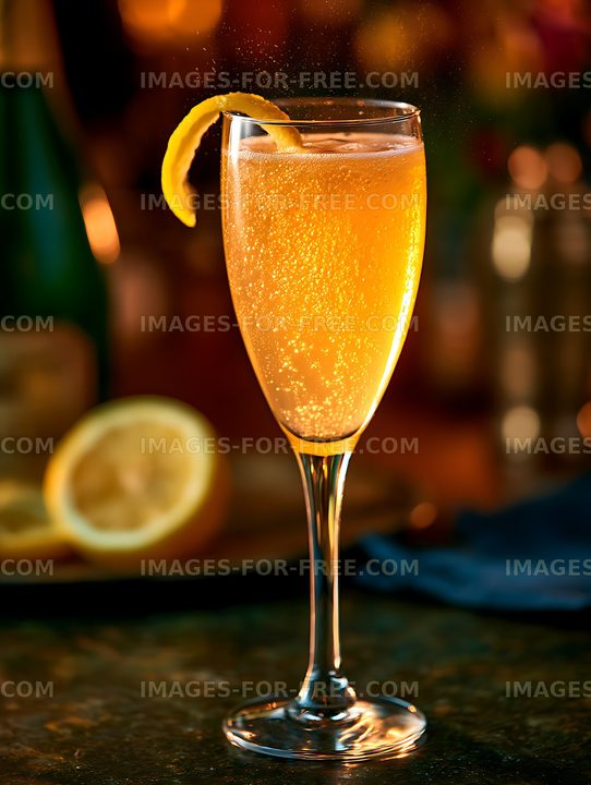 Golden sparkling citrus beverage with lemon garnish