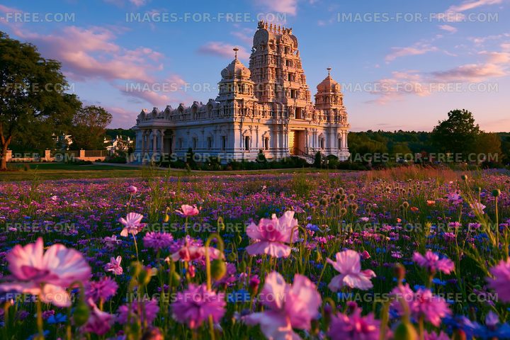 White Hindu temple surrounded by a vibrant flower meadow