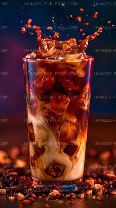 Dark iced beverage with cream swirl and splash