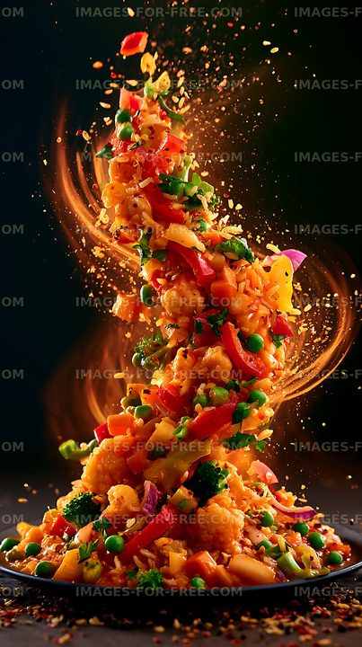 Dynamic colorful vegetable and rice dish