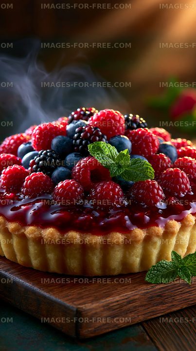 Mixed berry tart topped with fresh fruit and mint