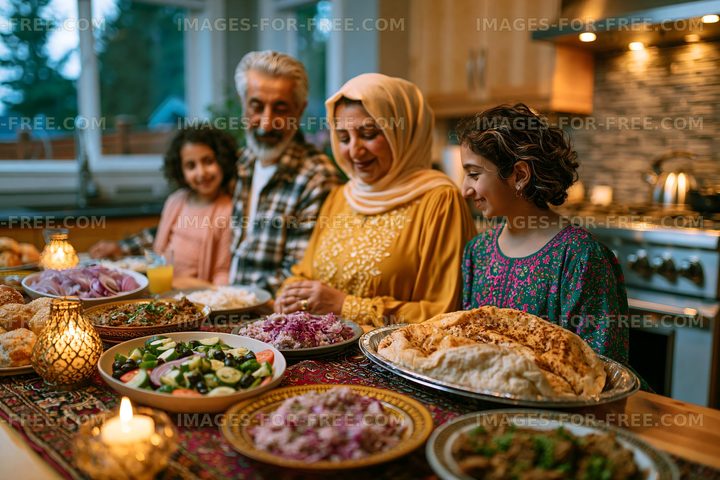 Four family members enjoying a colorful home-cooked meal