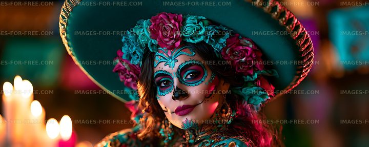 Colorful painted portrait with floral hat and candlelight