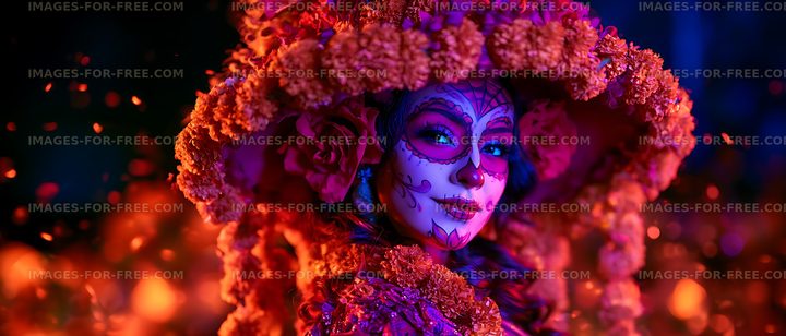 Colorful close-up portrait with flowers and face paint