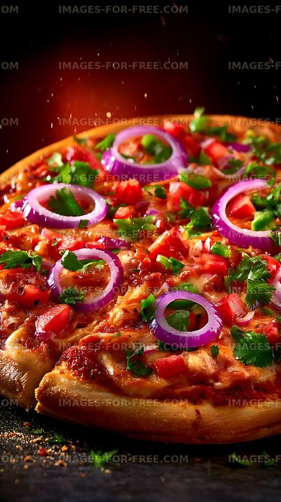 Fresh vegetable pizza with red onion and herbs