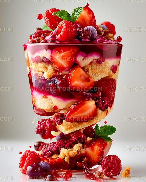 Vibrant fruit and berry parfait with pastry layers
