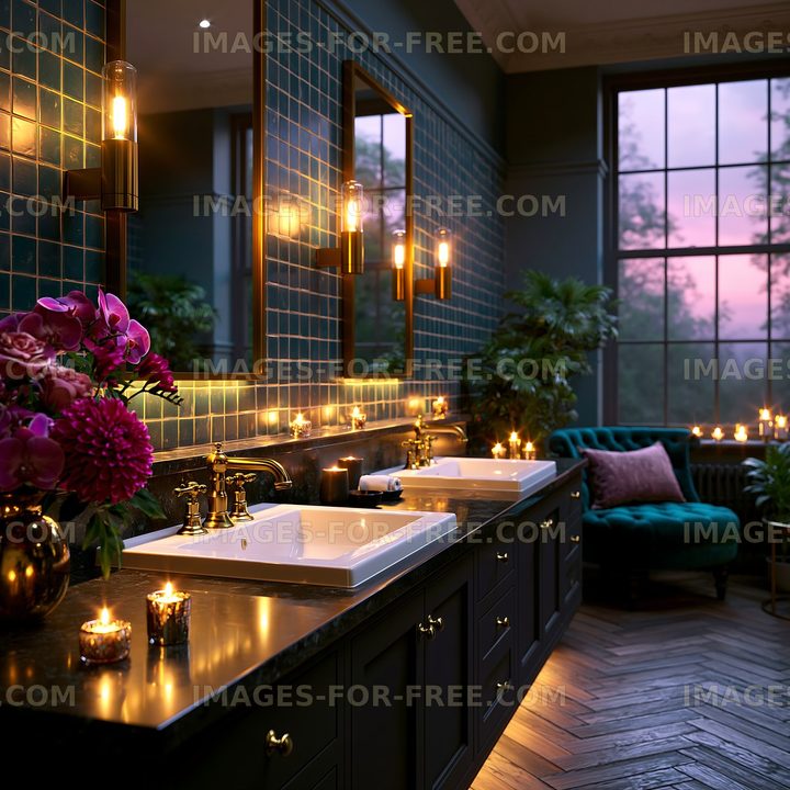 Elegant candlelit bathroom interior at dusk