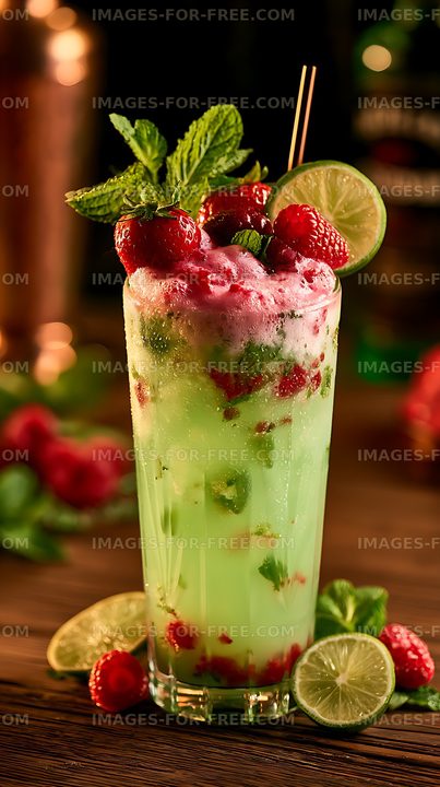 Pale green fruit drink topped with berries, lime, and mint