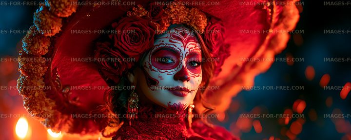 Dramatic close-up portrait with red floral headpiece and face paint