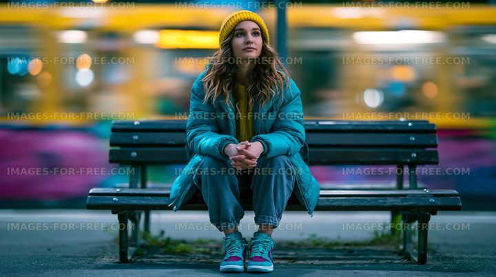 Woman in winter clothing seated on an urban bench
