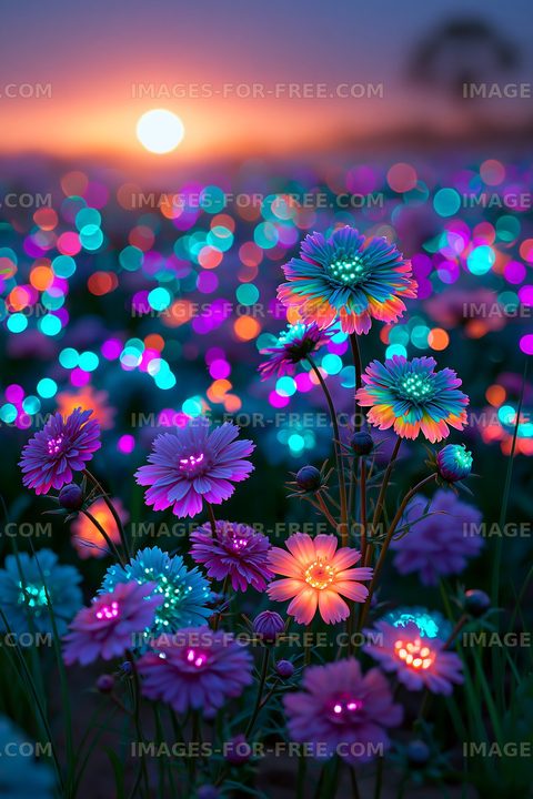 Colorful flowers glow at sunset in a vibrant field