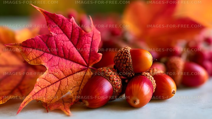 Red maple leaf and acorns in autumn colors