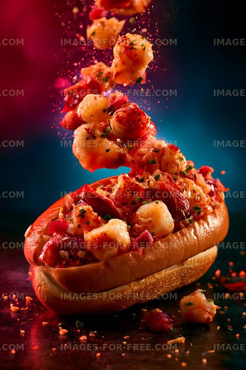 Dramatic lobster seafood sandwich with scattered ingredients