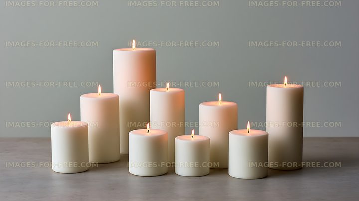 Nine glowing white pillar candles arranged on a table