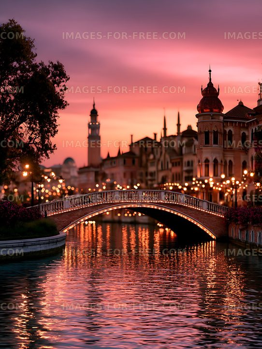 Pink sunset over an illuminated canal bridge