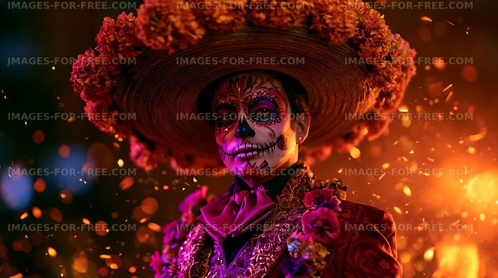 Colorful Portrait with Skull Face Paint and Floral Hat