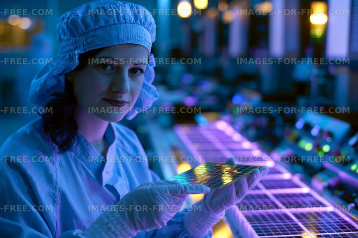 Scientist with sample tray in a colorful laboratory