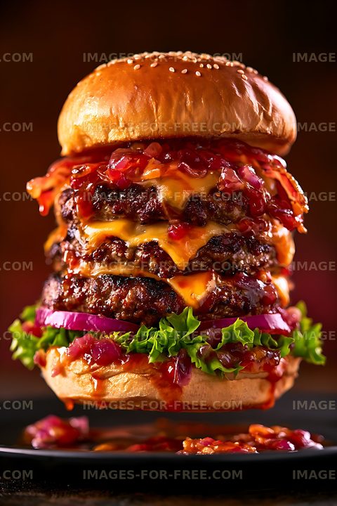 Loaded triple cheeseburger in dramatic close-up