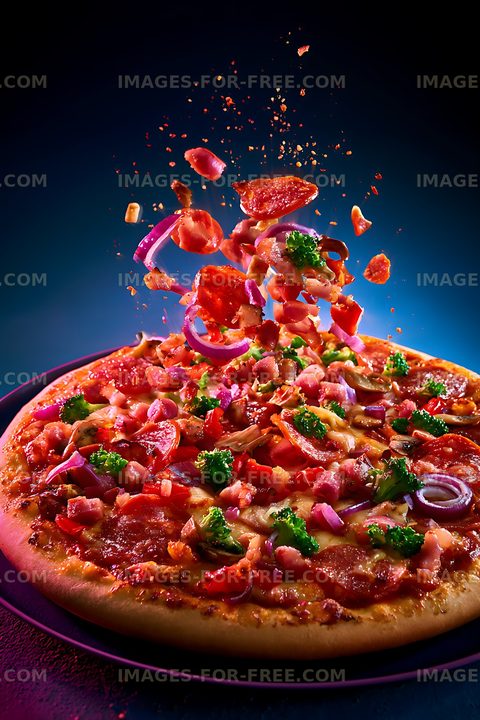 Loaded vegetable and pepperoni pizza with suspended toppings