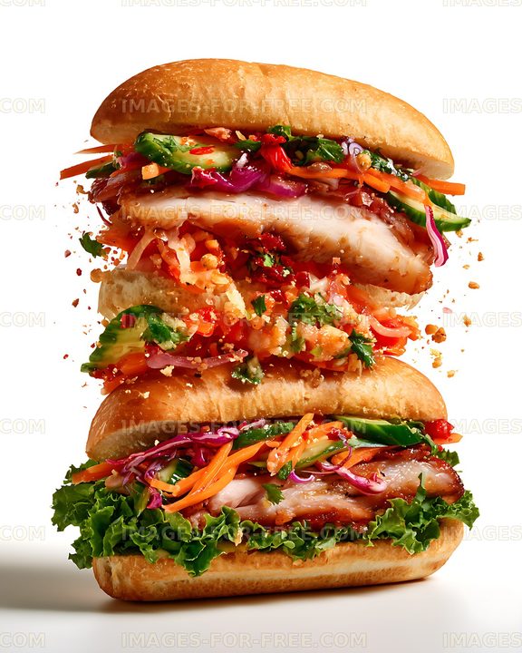 Colorful stacked grilled meat sandwich on white background