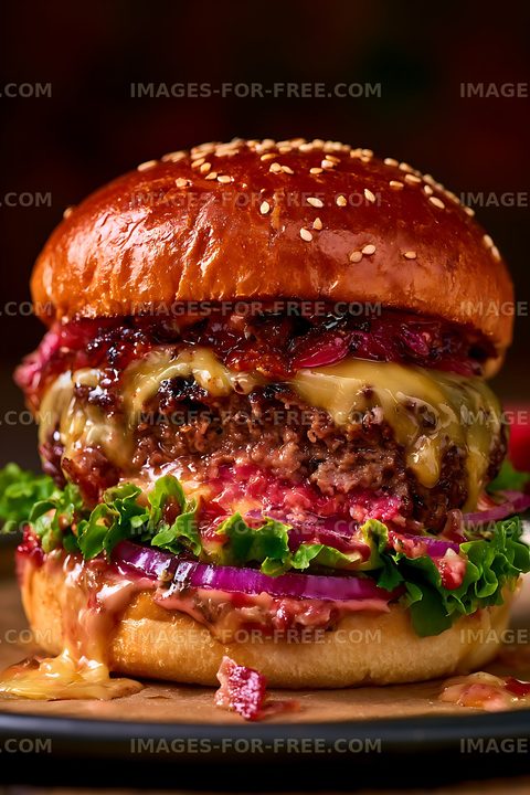 Gourmet cheeseburger with colorful fresh toppings