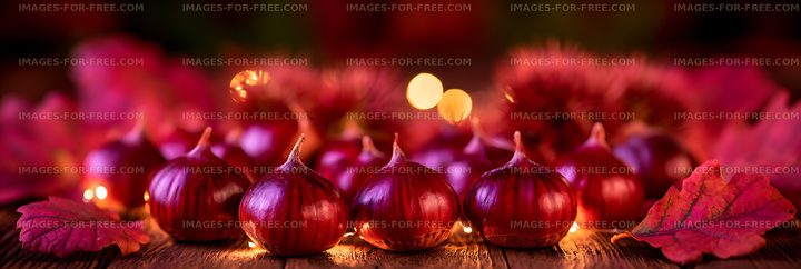 Red onions arranged with colorful autumn leaves