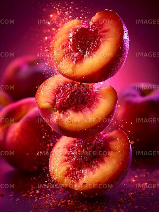 Vibrant sliced peaches with splashing fruit particles