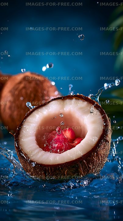 Halved coconut and red fruit in splashing water