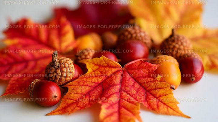 Colorful fall leaves, acorns and berries