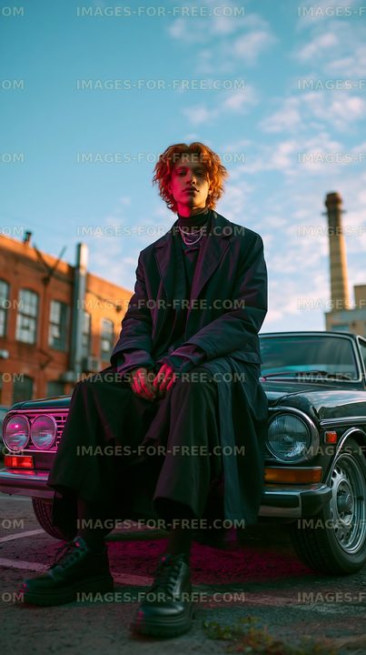 Low angle portrait of a person seated on a classic car