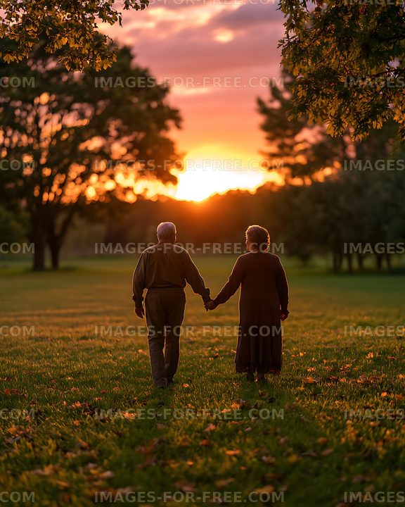 Couple walking hand in hand through a sunlit park