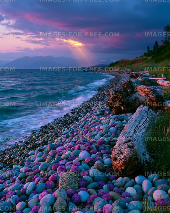 Rocky coastal shoreline with driftwood at sunset
