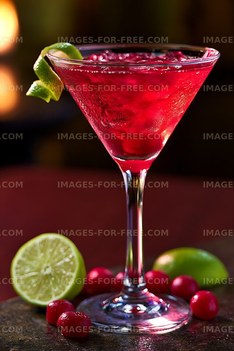 Bright red cocktail with lime garnish and cranberries