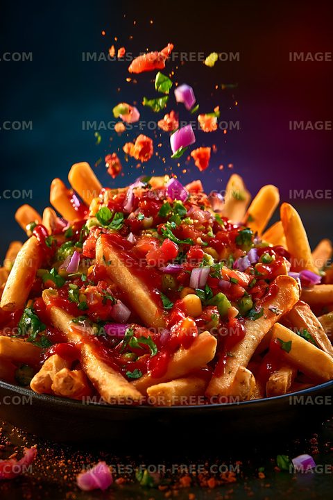 Vibrant loaded fries with fresh vegetables and salsa