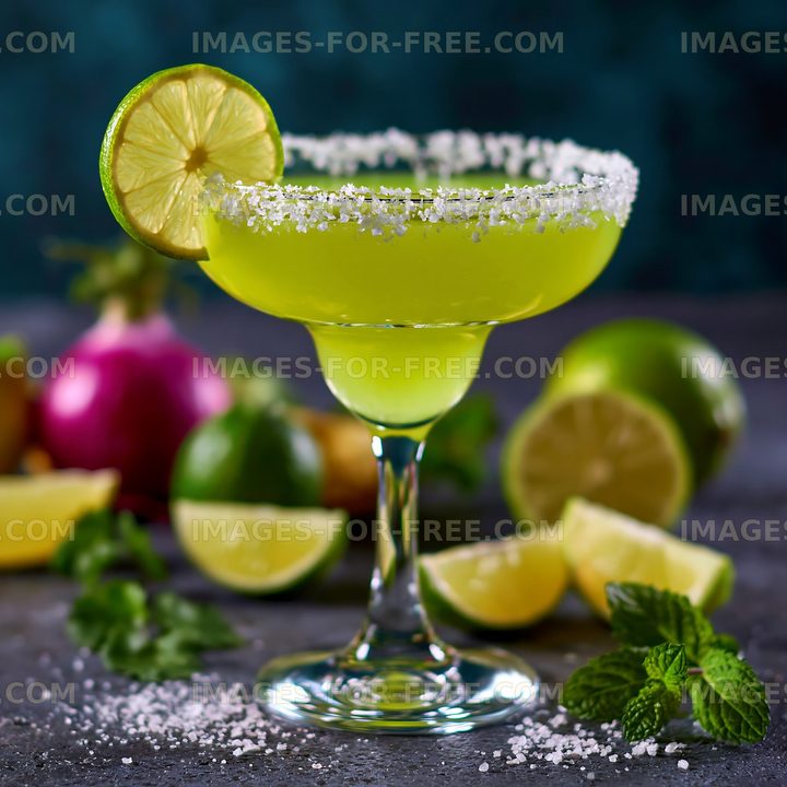 Green lime cocktail with salted rim and citrus garnish